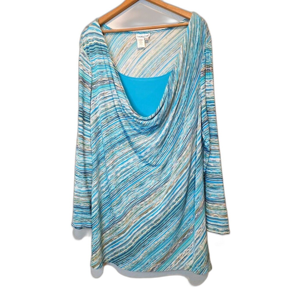 Coldwater Creek Cowl Neck Top Layered Look Teal Blue Coastal Resort Size 2X